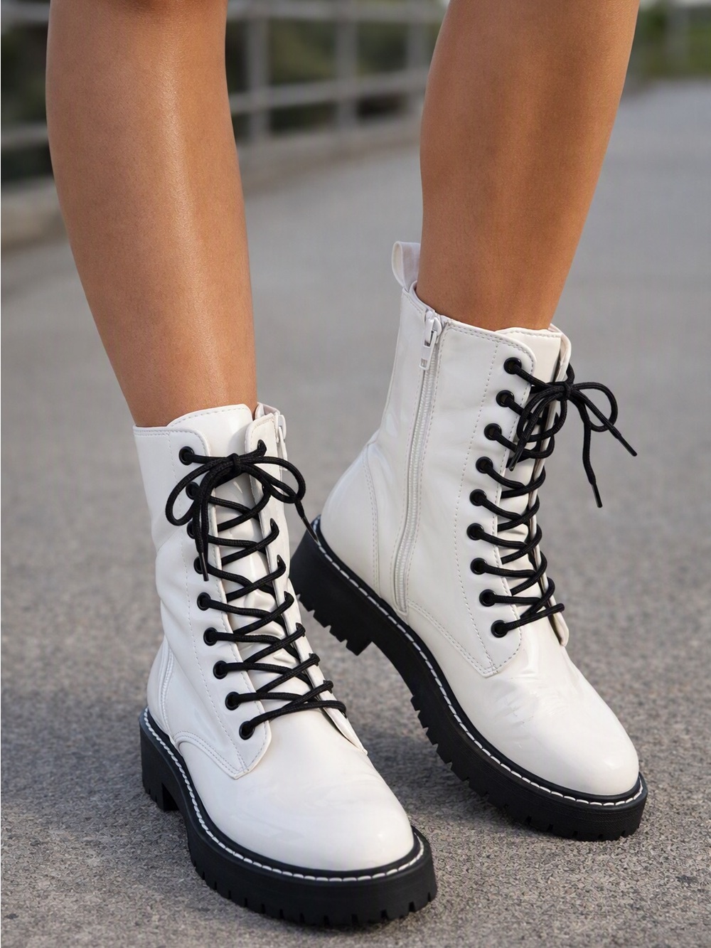 ICHIGO Women's Patent Faux Leather Combat Boots – White/Black (Size 8)